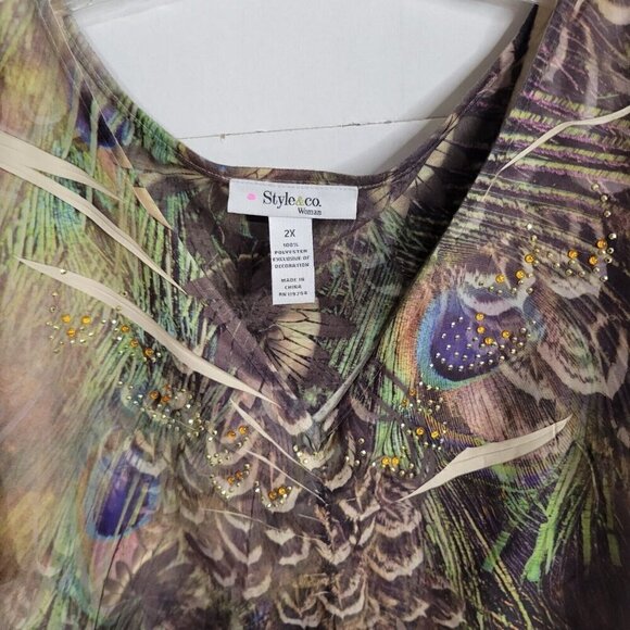 Style &‎ Co. Woman 2X multicolor embellished peacock casual relaxed fit top sexy - Picture 4 of 5